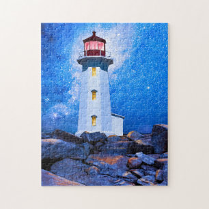 Peggy's Cove Lighthouse at night Art Puzzle