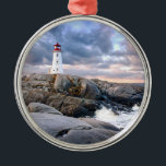 Peggy's Cove Lighthouse Metal Ornament<br><div class="desc">Peggy's Cove lighthouse at sunset with dramatic clouds and a surf.</div>