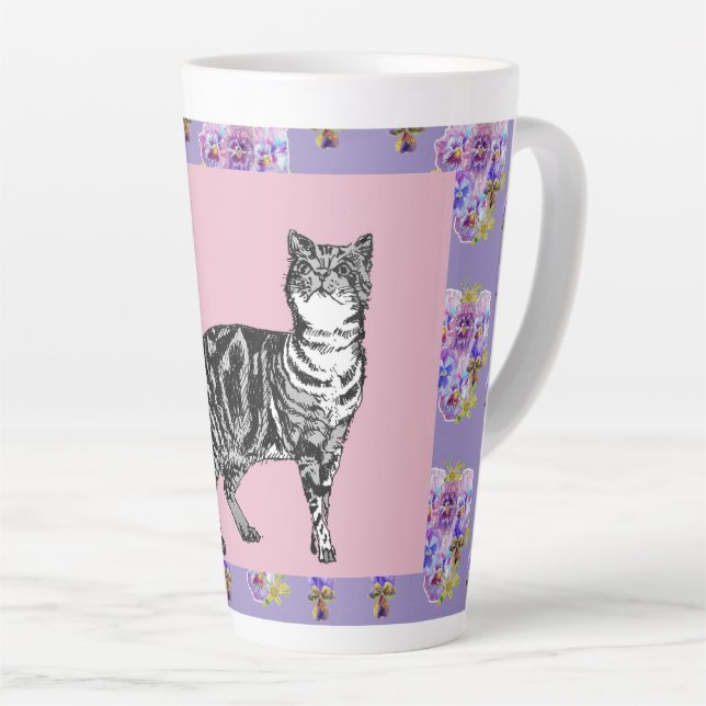 Peint à la main violet Tabby Chat floral Latte Mug (Angle droit)