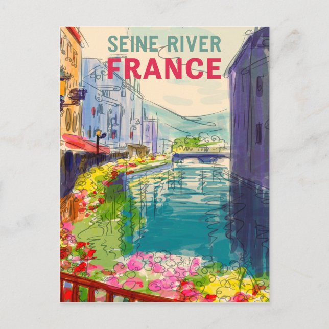 Peinture à l'aquarelle Seine Rivière France Carte  (Devant)