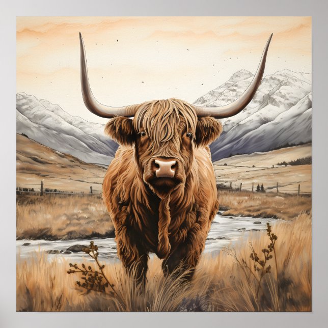 Peinture à poster de vache Highland (Devant)