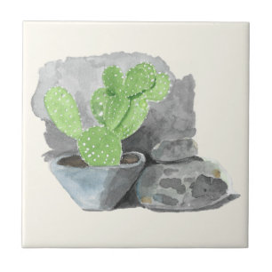 Peinture aquarelle d'Opuntia Cactus sur carreau en