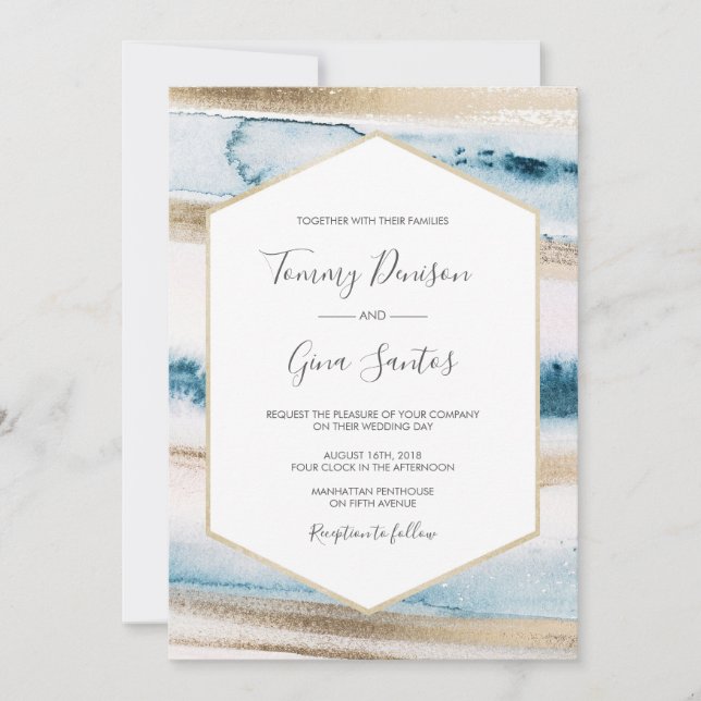 Peinture bleue et or Faire-part de mariage aquarel (Devant)