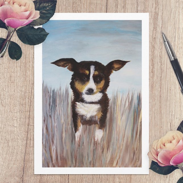 Peinture de chien brun sur carte blanche (acrylic painting dog with floppy ears beige brown nature animals blank note card original artwork)