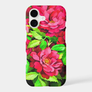 Peinture de fleurs rouges feuilles vertes