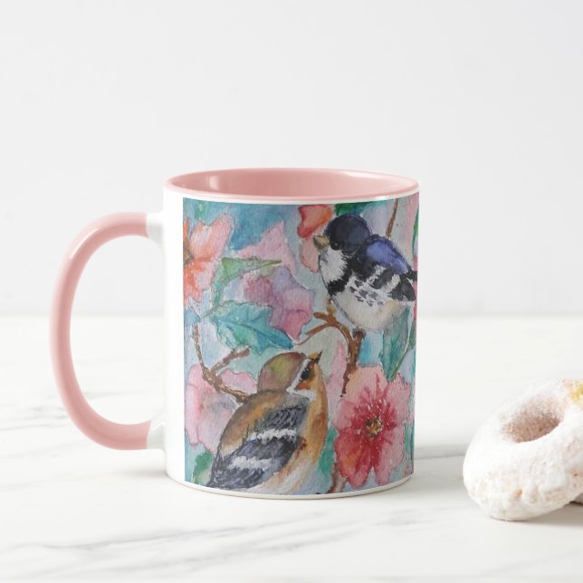 Peinture de la Mug avec des Bruants Oiseaux de pri (Avec donut)