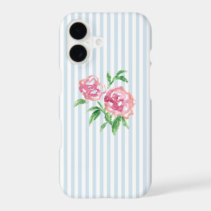 Peinture de pivoines roses rayure bleue marine côt