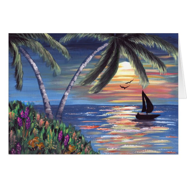 Peinture d'océan de coucher du soleil de palmiers (Devant horizontal)