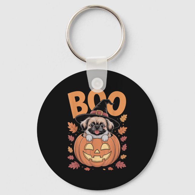 Peke Costume On Pumpkin Halloween Pekingese  Keychain (Front)