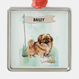 Pekinese Watercolor Personalized Dog Metal Ornament