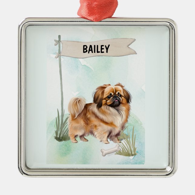 Pekinese Watercolor Personalized Dog Metal Ornament (Front)