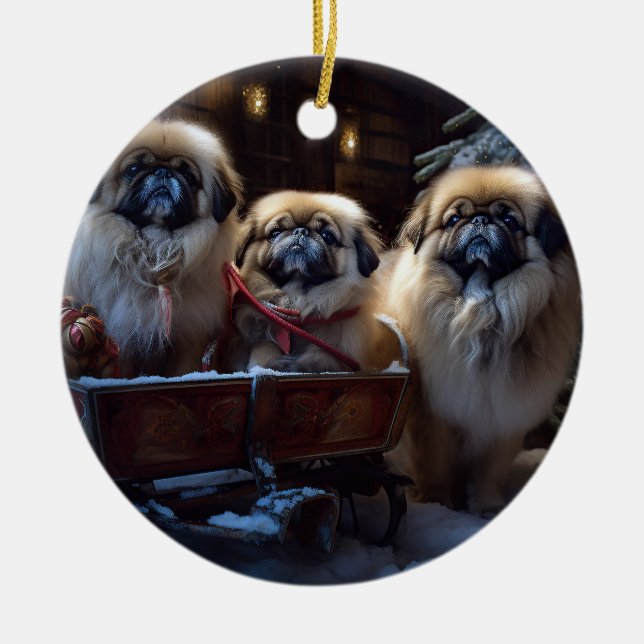 Pekingese Christmas Festive Season Ceramic Ornament (Front)