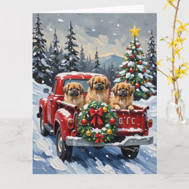 Pekingese Christmas Red Truck Holiday Card (Yellow Flower)