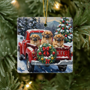 Pekingese Christmas Red Truck Holiday Ceramic Ornament