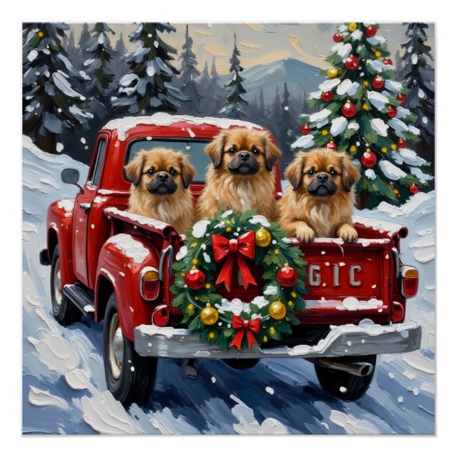 Pekingese Christmas Red Truck Holiday Poster (Front)