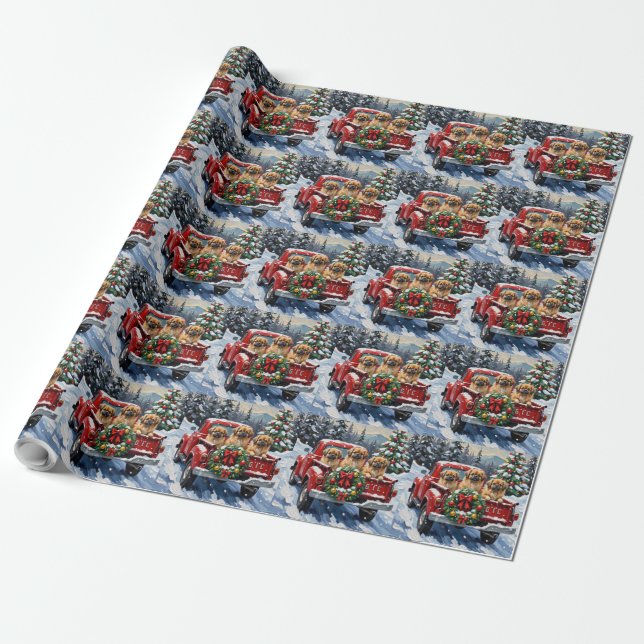 Pekingese Christmas Red Truck Holiday Wrapping Paper (Unrolled)