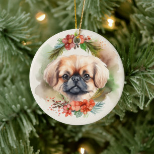 Pekingese Christmas Wreath Festive Pup  Ceramic Ornament