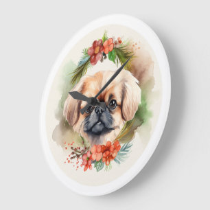 Pekingese Christmas Wreath Festive Pup  Large Clock