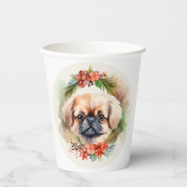 Pekingese Christmas Wreath Festive Pup  Paper Cups (Front)