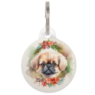 Pekingese Christmas Wreath Festive Pup  Pet Tag