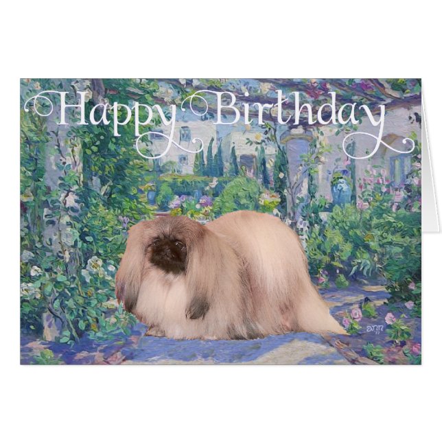 Pekingese dans un jardin fleuri (Devant horizontal)