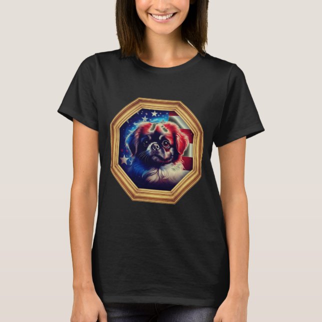 pekingese Dog American Flag Gold Frame T-Shirt (Front)