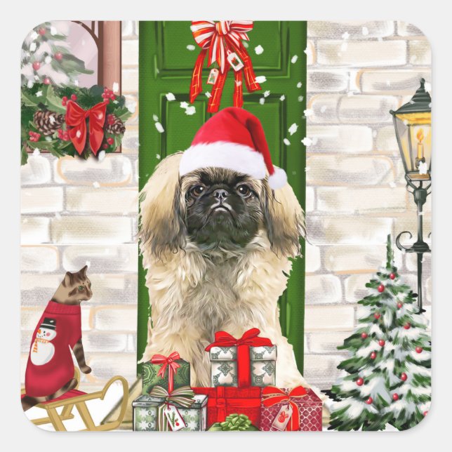 Pekingese Dog Christmas Square Sticker (Front)