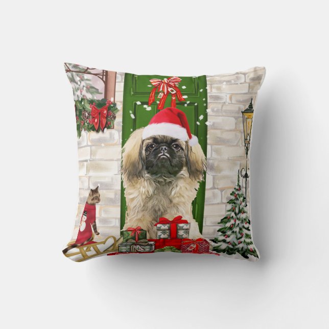 Pekingese Dog Christmas Throw Pillow (Front)