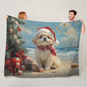 Pekingese Dog Christmas Vintage Beach  Fleece Blanket