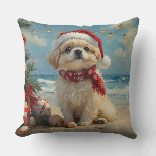 Pekingese Dog Christmas Vintage Beach  Throw Pillow