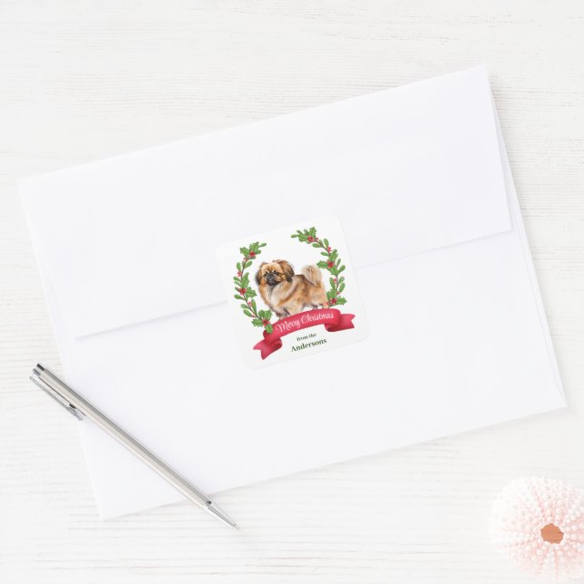 Pekingese Dog Holly Banner Christmas Square Sticker (Envelope)