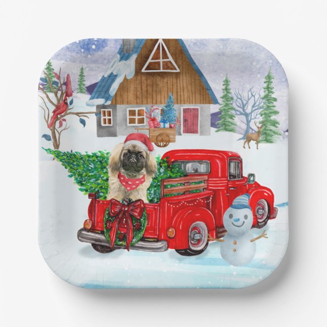 Pekingese Dog In Christmas Delivery Truck Snow Paper Plate (Front)