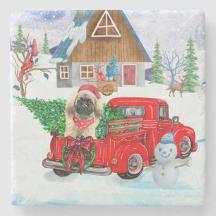 Pekingese Dog In Christmas Delivery Truck Snow Stone Coaster