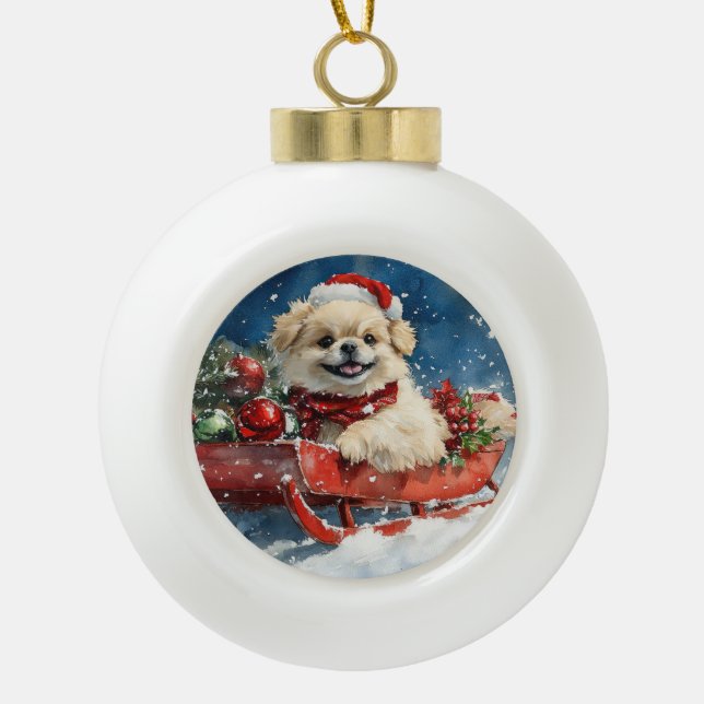 Pekingese Dog in Sledge Let it Snow Christmas Ceramic Ball Christmas Ornament (Front)