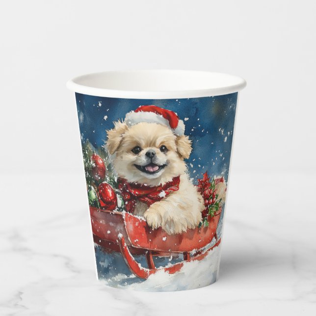 Pekingese Dog in Sledge Let it Snow Christmas Paper Cups (Front)