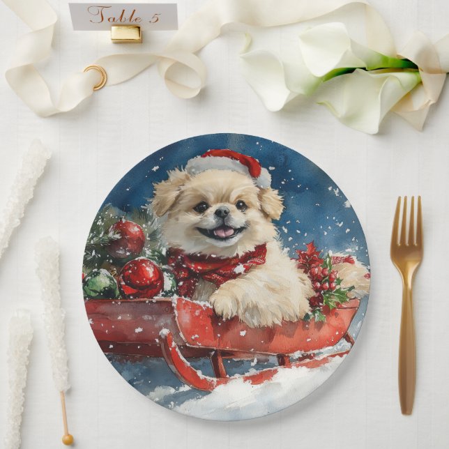Pekingese Dog in Sledge Let it Snow Christmas Paper Plate (Wedding)