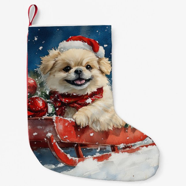 Pekingese Dog in Sledge Let it Snow Christmas Small Christmas Stocking (Front)