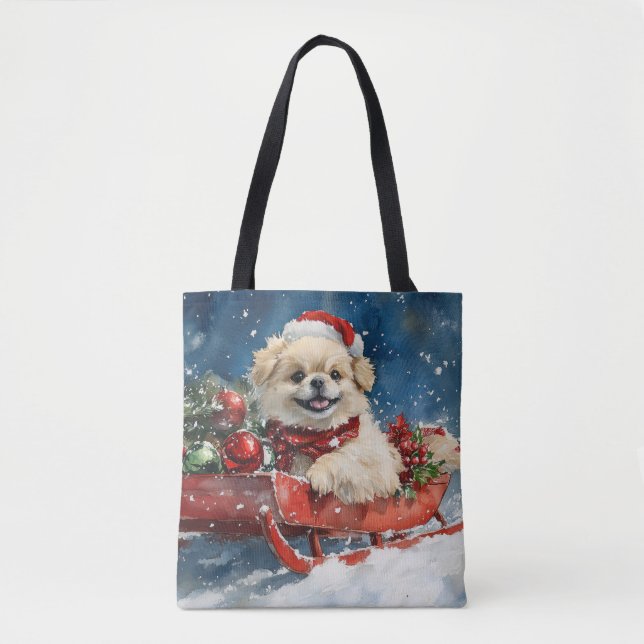 Pekingese Dog in Sledge Let it Snow Christmas Tote Bag (Front)