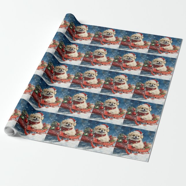 Pekingese Dog in Sledge Let it Snow Christmas Wrapping Paper (Unrolled)