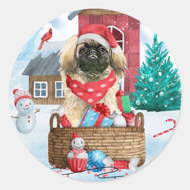 Pekingese Dog In snow Christmas Dog House Classic Round Sticker (Front)