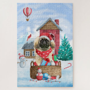 Pekingese Dog In snow Christmas Dog House Jigsaw Puzzle
