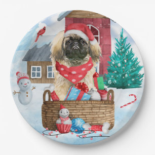 Pekingese Dog In snow Christmas Dog House Paper Plate
