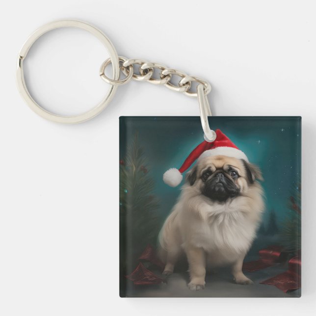 Pekingese Dog in Snow Christmas Keychain (Front)