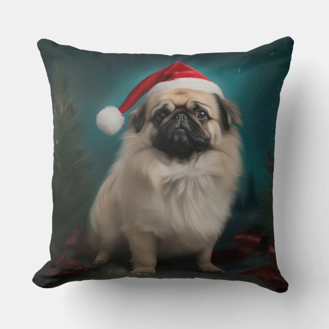 Pekingese Dog in Snow Christmas Throw Pillow (Front)