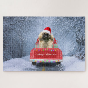 Pekingese Dog in Snow sitting in Christmas Truck  Jigsaw Puzzle