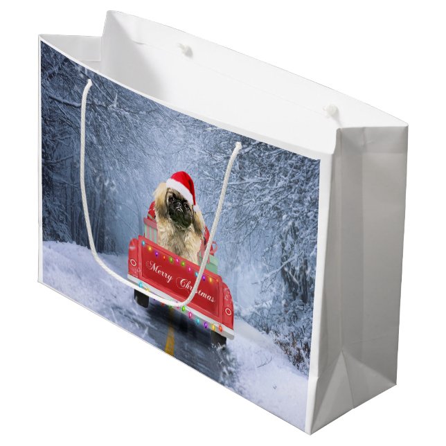 Pekingese Dog in Snow sitting in Christmas Truck  Large Gift Bag (Front Angled)