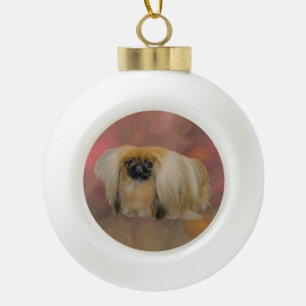 Pekingese Dog on Mauve Abstract Ceramic Ball Christmas Ornament