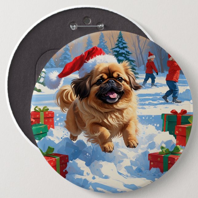 Pekingese Dog Running in Snow with Christmas Hat 6 Inch Round Button (Front & Back)