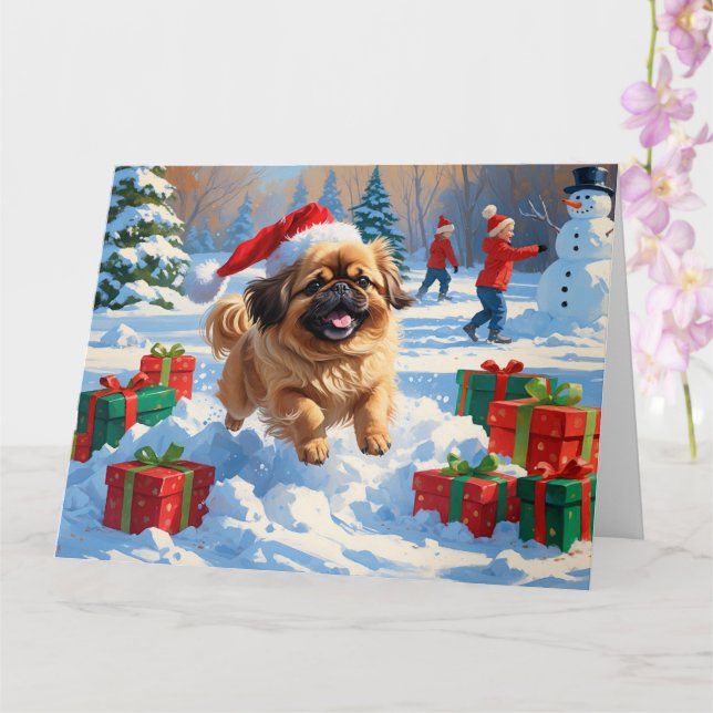 Pekingese Dog Running in Snow with Christmas Hat Card (Orchid)