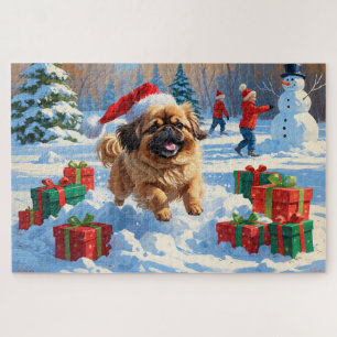 Pekingese Dog Running in Snow with Christmas Hat Jigsaw Puzzle